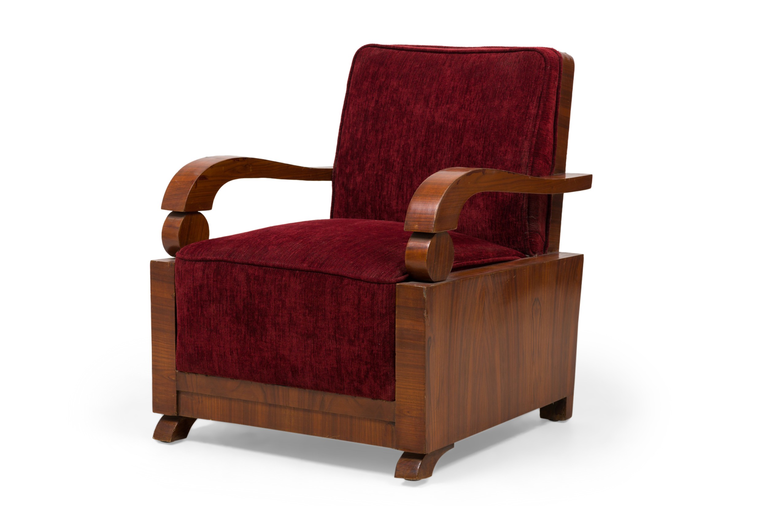 Jules Leleu art deco french rosewood open armchair in burgundy red upholstery